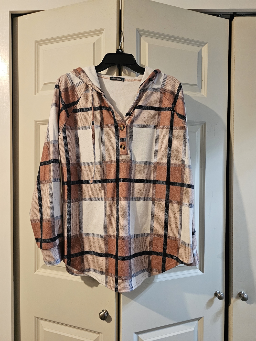 Plaid Hooded Pullover Top - Brown and White